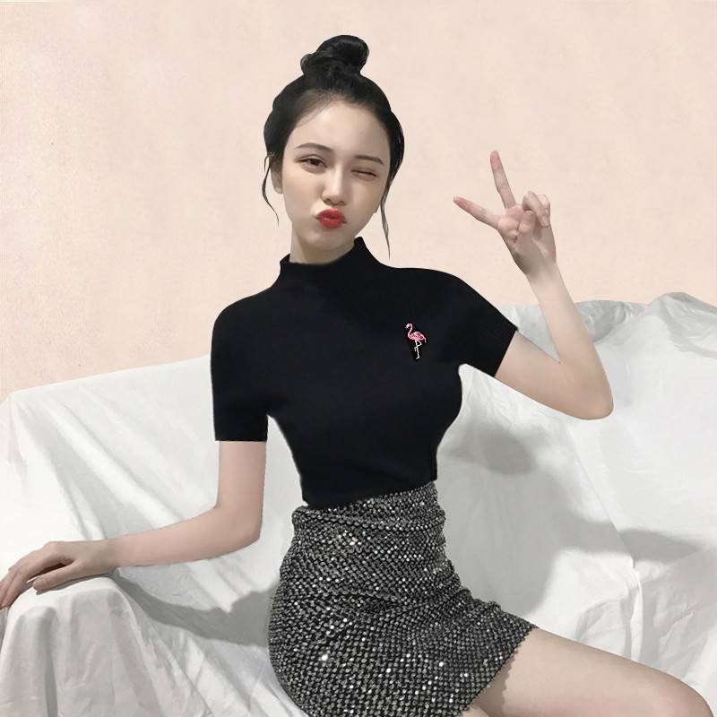 Ins summer dress white small half-high collar tight short-sleeved t-shirt ladies student mid-collar half-sleeve solid color slim bottoming shirt