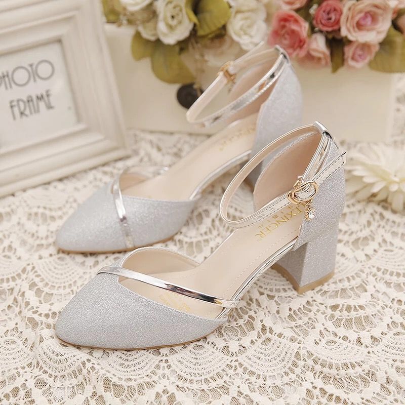 Single shoes women spring and autumn new Sequin wedding shoes women versatile thick heel single shoes button Bridesmaid high heel shoes