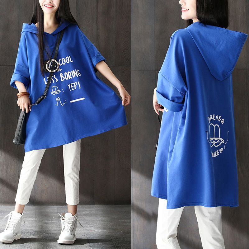 Large size spring and autumn women's new hooded t-shirt top women's 2023 new five-point sleeve sweater women's summer dress 200 catties