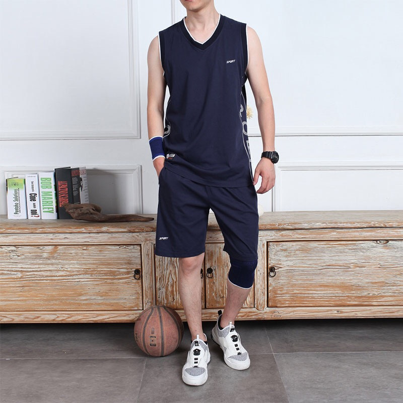 夏季新款无袖篮球服运动套装男棉质休闲跑步背心短裤男士球衣套装