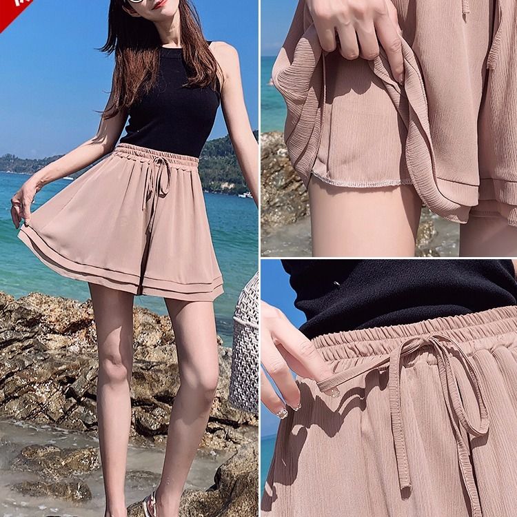 Shorts women's summer  new double-layer chiffon skirt pants women look thin high waist large size loose Korean casual wide-leg pants