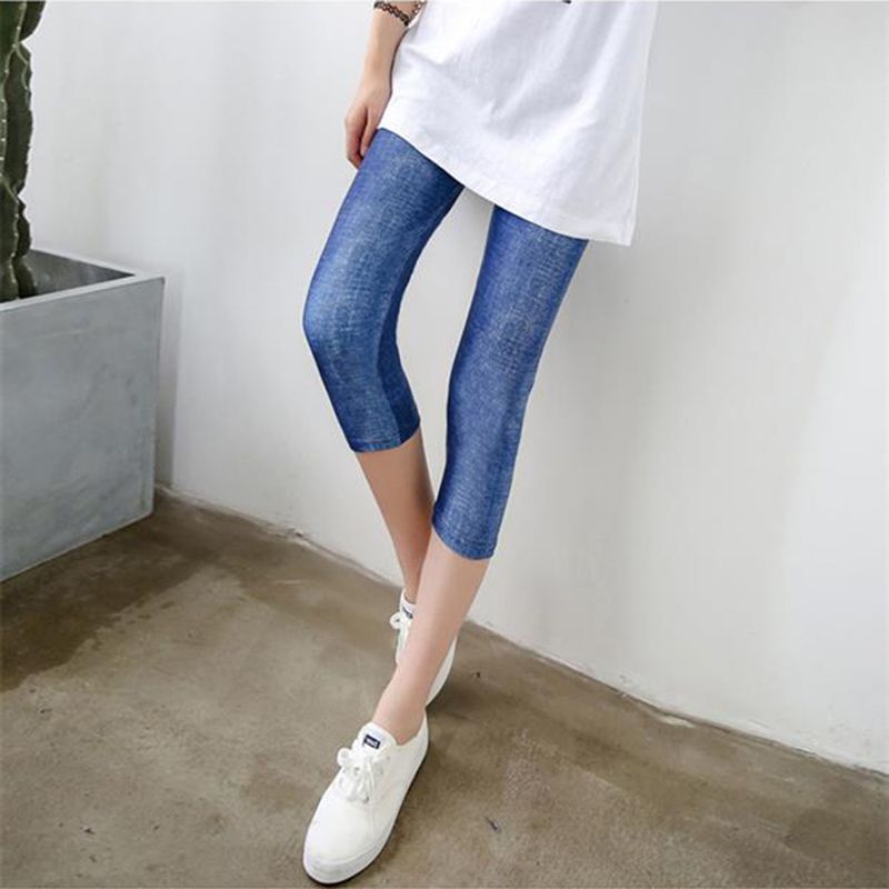 Elastic Capris women's summer dress imitated Denim Wear out thin sports versatile small leg pants for female students Korean version slim fit
