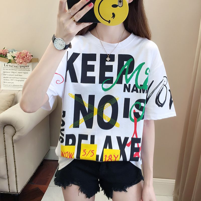 含棉短袖t恤女夏季女裝2019新款潮中長款遮肚大碼體恤衫寬鬆上衣