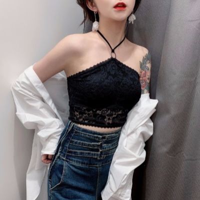 31873/蕾丝挂脖吊带小背心女内搭短款打底衫上衣外穿露肩纯色学生显瘦