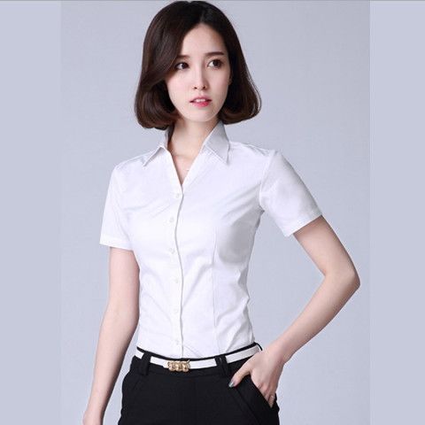 2019夏季新款短袖女衬衫韩版v领修身白色衬衣物业农行员工工作服
