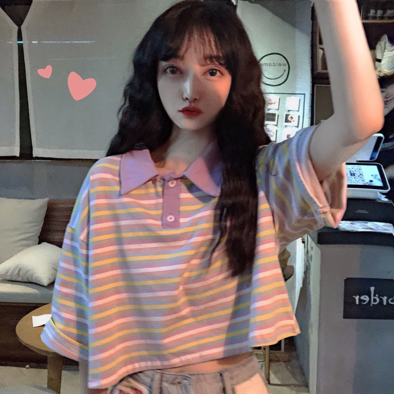 Summer Korean loose ins Harajuku style short Polo Lapel short sleeve T-shirt girl student lazy T-Shirt Top