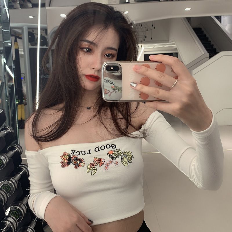 White one-shoulder sexy tight-fitting long-sleeved T-shirt women's summer high-waisted short section leaking belly button slim-fitting off-the-shoulder top autumn