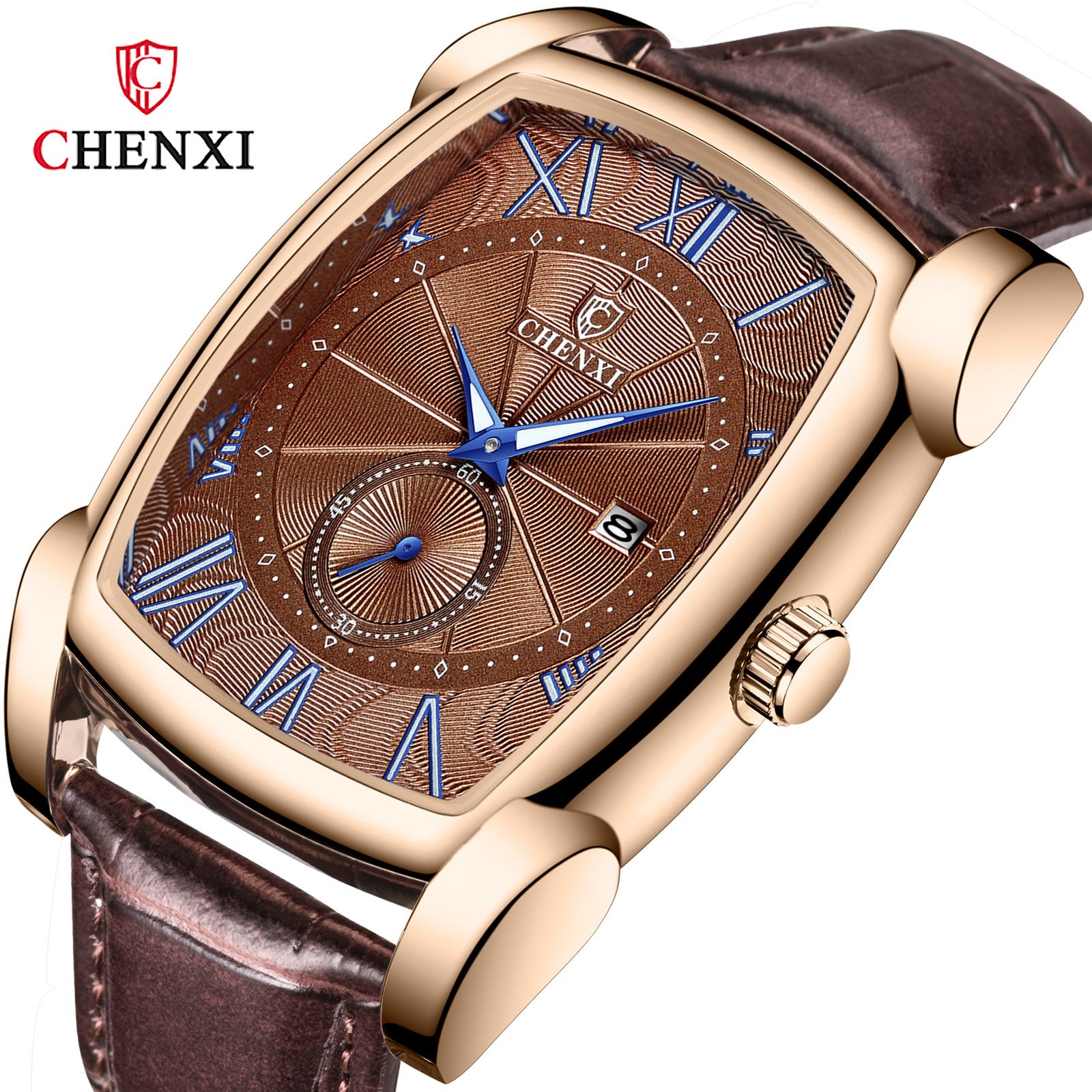 chenxi新款手表方形男表皮带日历防水石英腕表玫瑰金晨曦手表8209