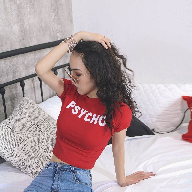 Ins European and American fan new self-cultivation letters leaking navel short t-shirt short-sleeved tight high-waisted navel top women's summer