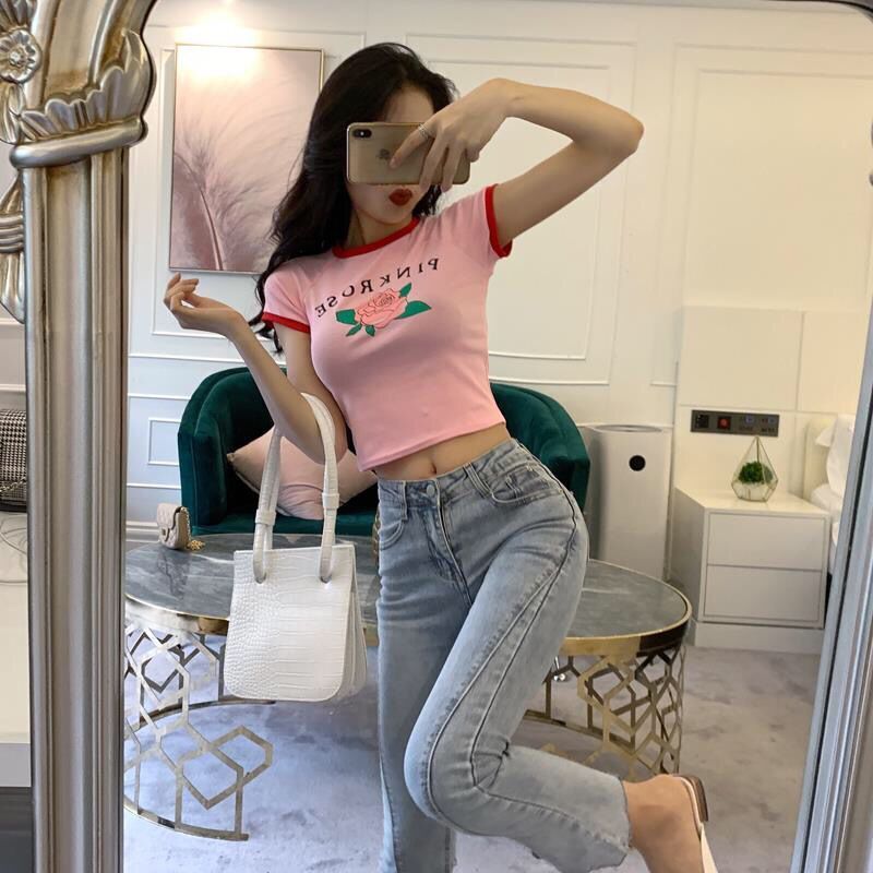 Internet celebrity anchor clothing female live broadcast beautiful clothes temperament girl tight high waist exposed belly button short-sleeved T-shirt top