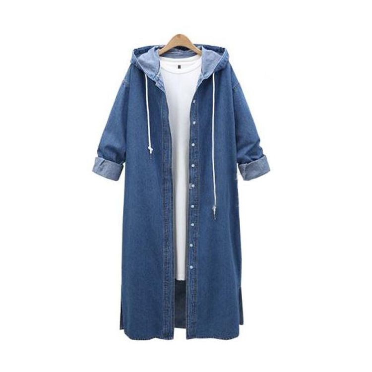 Fat MM large size loose denim jacket female spring and autumn long-sleeved hooded denim cardigan mid-length BF ladies windbreaker