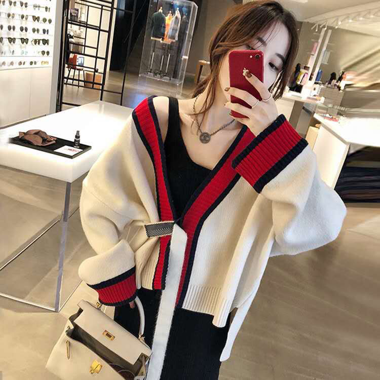 Spring and autumn new chic coat BF style lazy sweater color matching cardigan short student loose sweater female