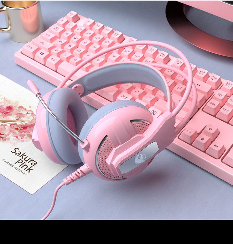 粉色键盘鼠标套装耳机三件套电脑机械游戏有线吃鸡神器可爱女生cf