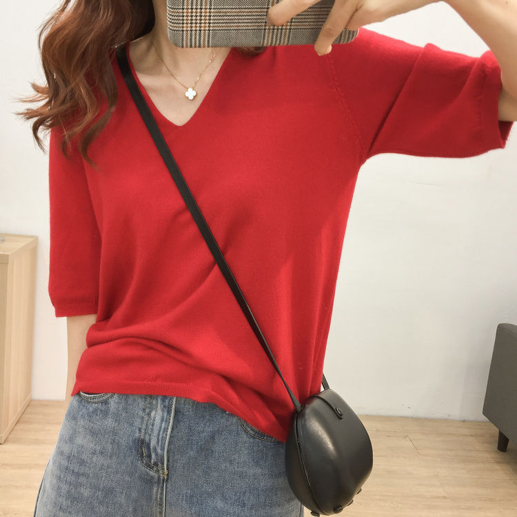 Core spun yarn spring and autumn Korean version loose and thin V-Neck long sleeve sweater women's middle sleeve solid color knitted shirt women's top