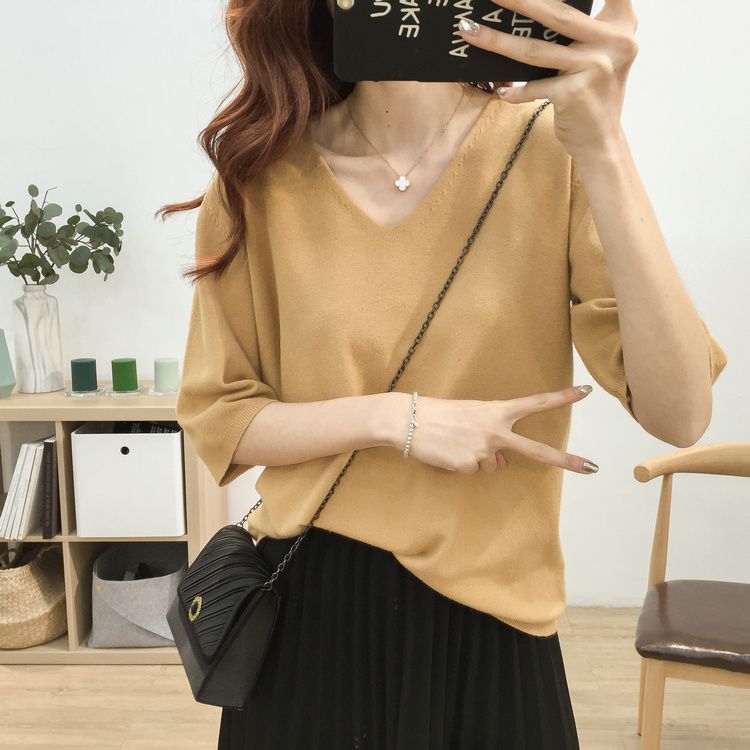 Long sleeve / medium sleeve core spun yarn spring and autumn Korean loose and thin V-Neck Sweater women's solid color T-shirt women's top