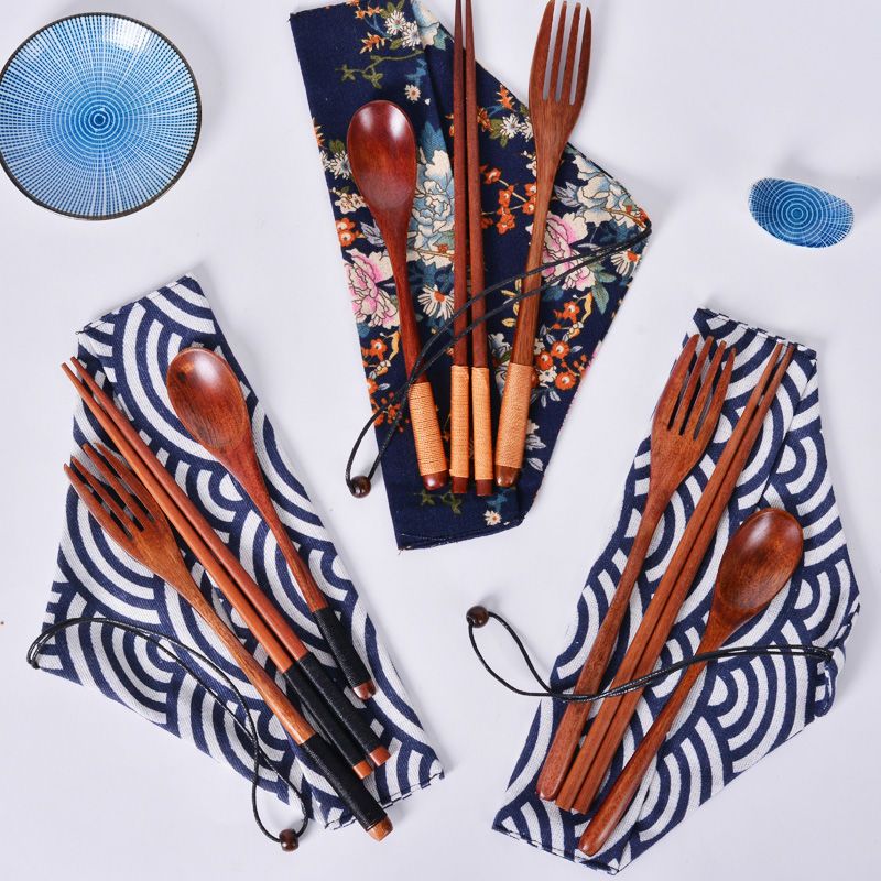 Japanese tableware chopsticks spoon set wooden long handle wooden spoon fork children small wooden spoon creative portable three-piece set
