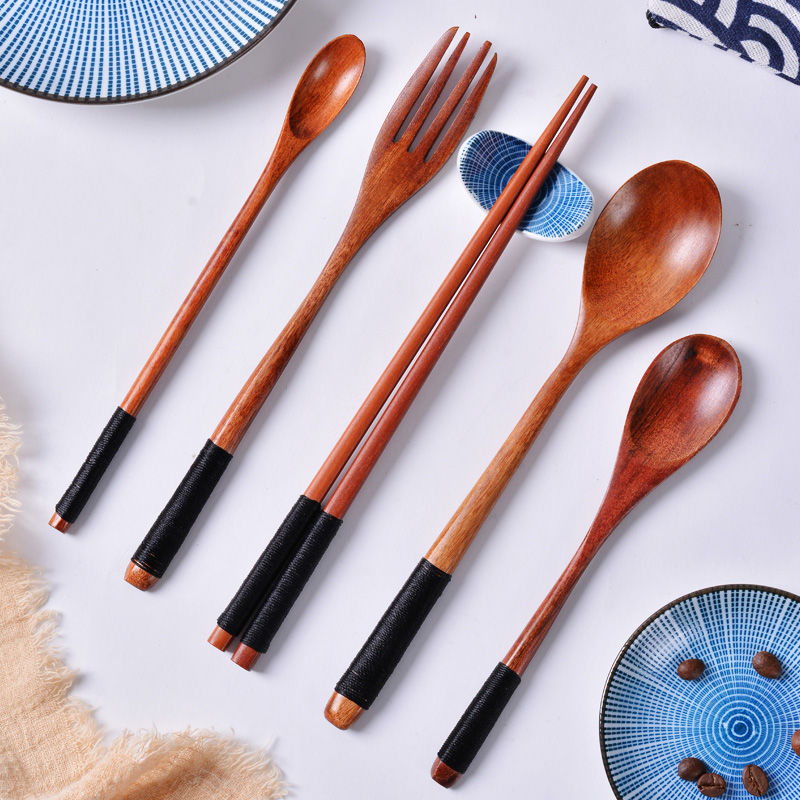 Japanese tableware chopsticks spoon set wooden long handle wooden spoon fork children small wooden spoon creative portable three-piece set