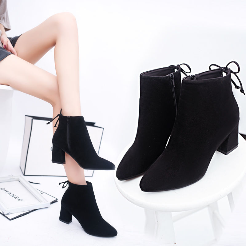 New autumn / winter 2020 Yang Mi's short boots pointed thick heel zipper high heeled short tube Martin boots