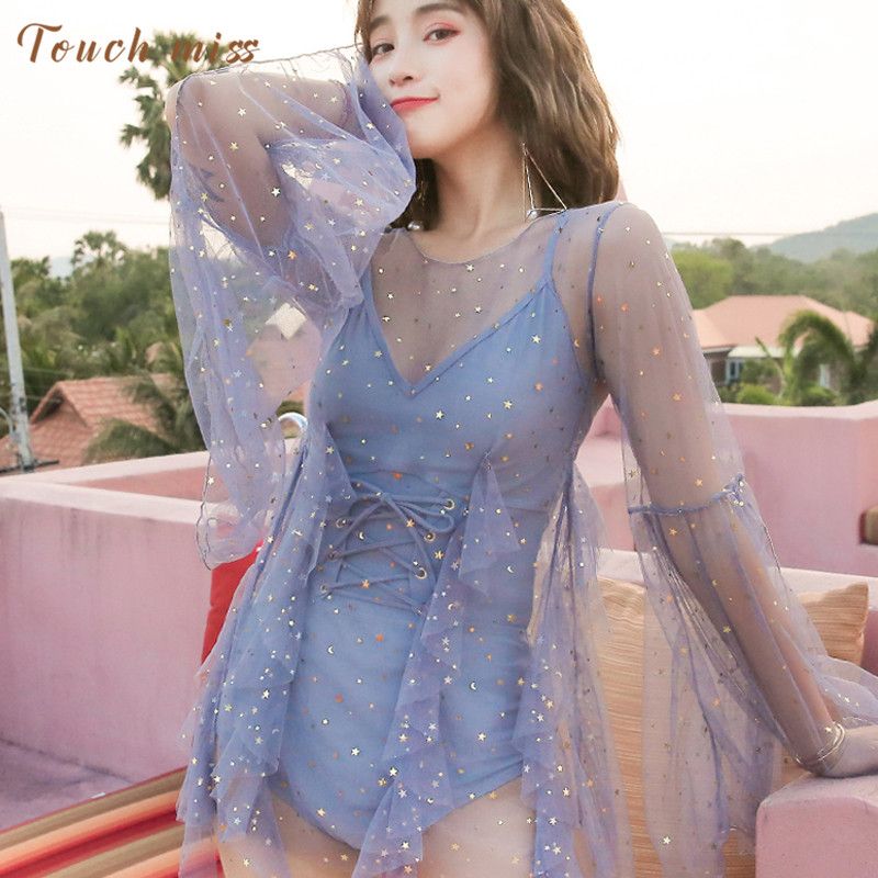 Les swimsuit women's one-piece boxer split swimsuit conservative slimming cover belly hot spring fairy fan long-sleeved student swimming