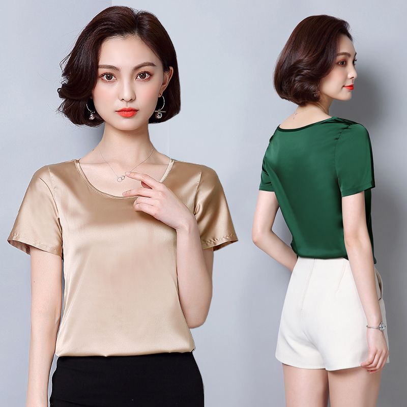 仿真丝短袖上衣女夏2020新款宽松大码桑蚕t恤小衫纯色绸缎打底衫