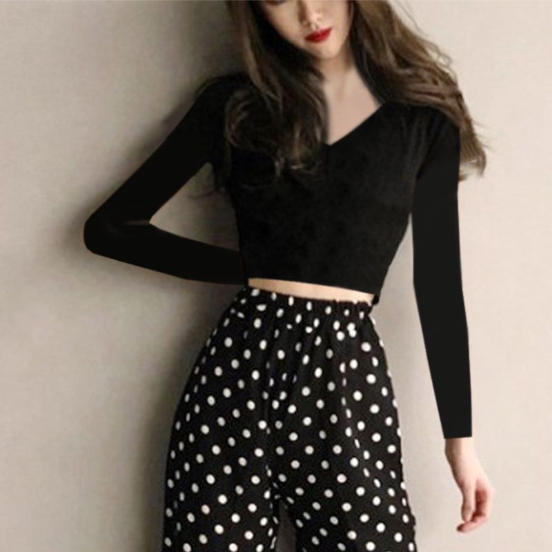 Summer slim backless short t-shirt girls exposed belly button short-sleeved black high waist double V-neck tight-fitting sweetheart collar top