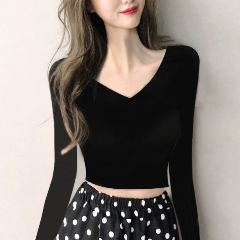 Summer slim backless short t-shirt girls exposed belly button short-sleeved black high waist double V-neck tight-fitting sweetheart collar top