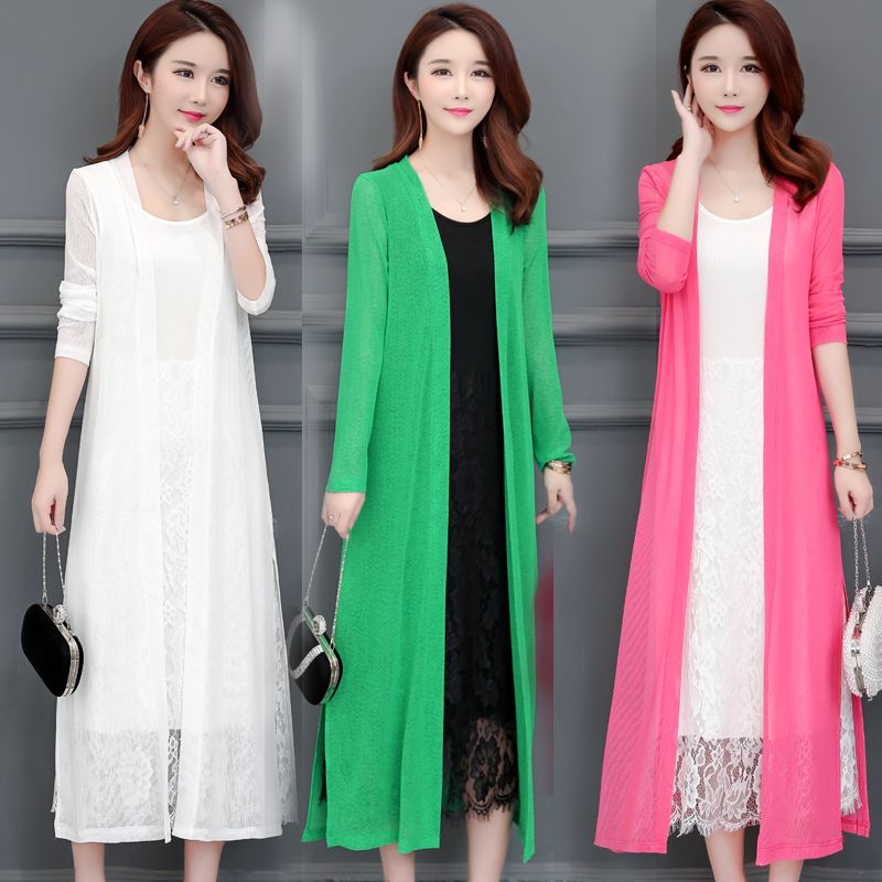 Tall sun protection clothing women's cardigan with long over-the-knee coat summer new shawl ice silk sweater thin section