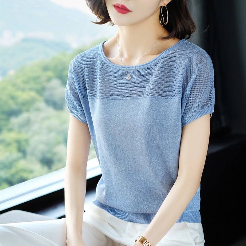 2021夏季新款冰丝针织衫女宽松蝙蝠袖短款针织女套头薄款百搭上衣
