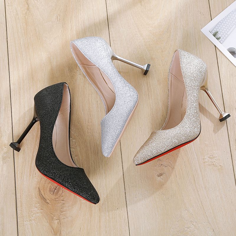 Autumn new silver high-heeled shoes women's stiletto sexy pointed toe cat heel women's shoes all-match sequin girls sequin single shoes