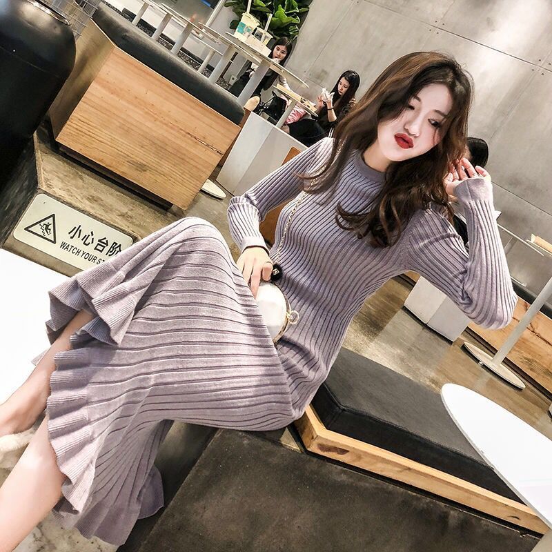 Knitted fishtail dress for women fall / winter 2020 mid length over knee slim fit Wool Wrap hip thickened bottomed wool dress