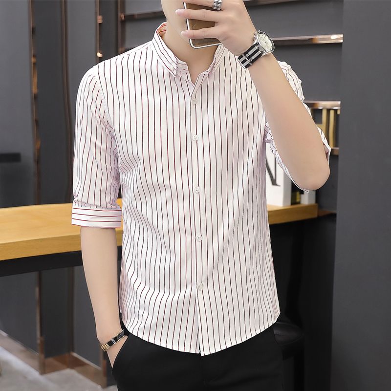 2023 spring trendy brand five-quarter-sleeve shirt men's Korean version of the slim-fit striped shirt handsome all-match one-inch shirt men's mid-sleeve