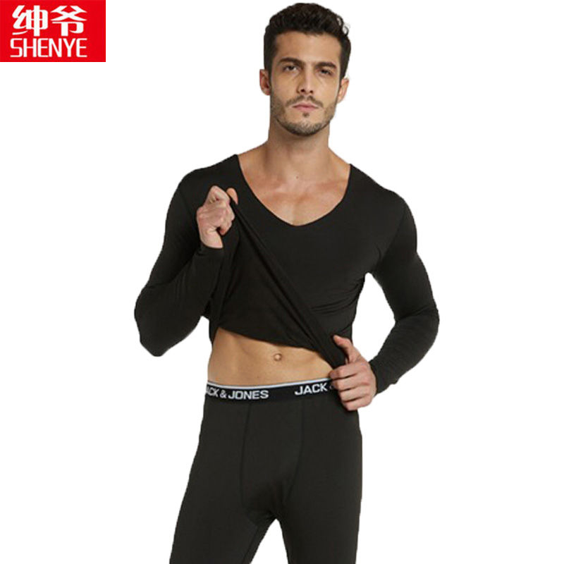 Men's tight-fitting seamless thermal underwear set V-neck plus velvet ultra-thin long johns suit heating fiber