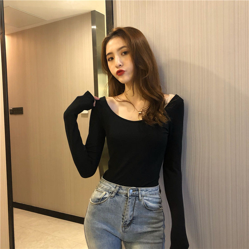 Spring and autumn tight-fitting backless t-shirt ladies sexy scheming slim top large neckline exposed collarbone long-sleeved bottoming shirt