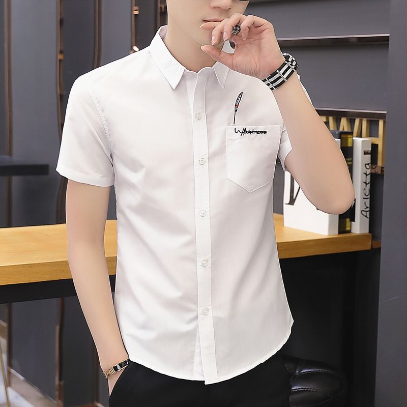 2023夏季男士短袖衬衫韩版潮流时尚刺绣衬衣修身上班男装职业寸衫