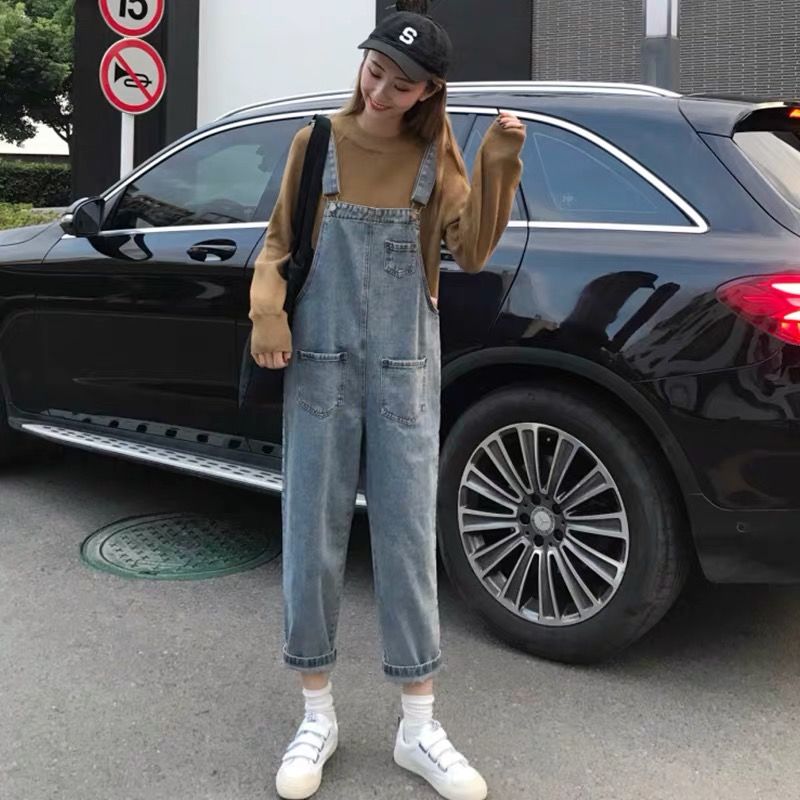 Denim belt pants women spring and Autumn New Korean women's net red students loose and thin conjoined nine point Suspenders
