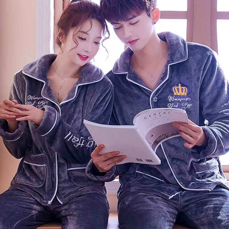 New Korean version of lovers' pajamas autumn winter long sleeve set home wear men and women's thickened flannel coral velvet winter