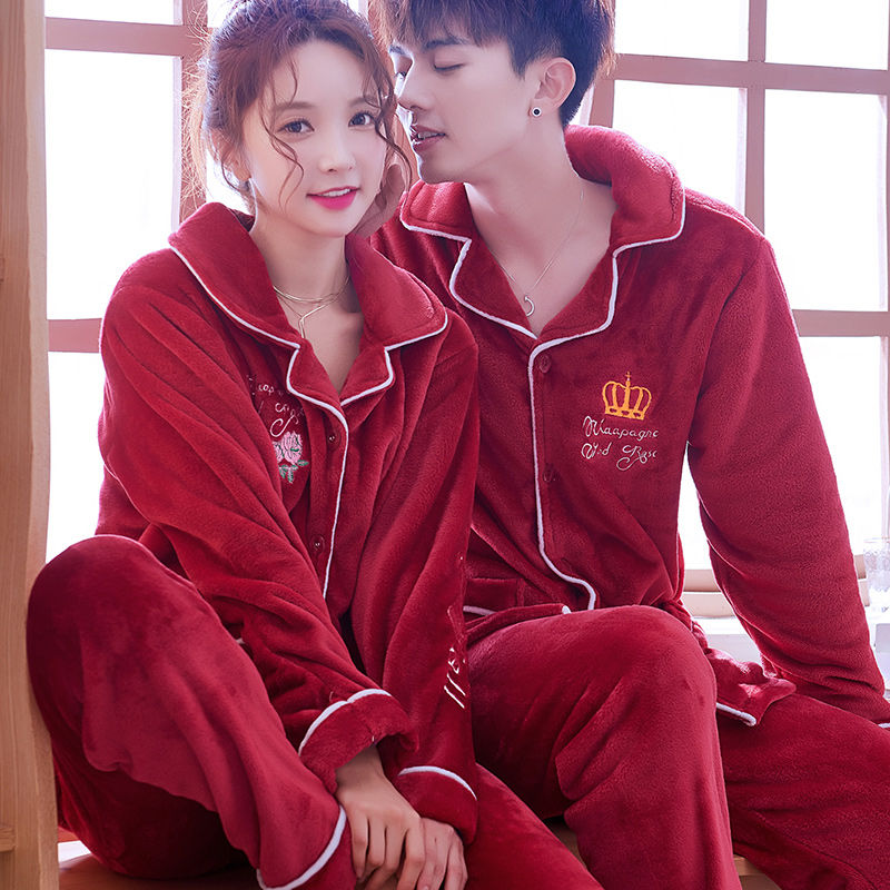 New Korean version of lovers' pajamas autumn winter long sleeve set home wear men and women's thickened flannel coral velvet winter