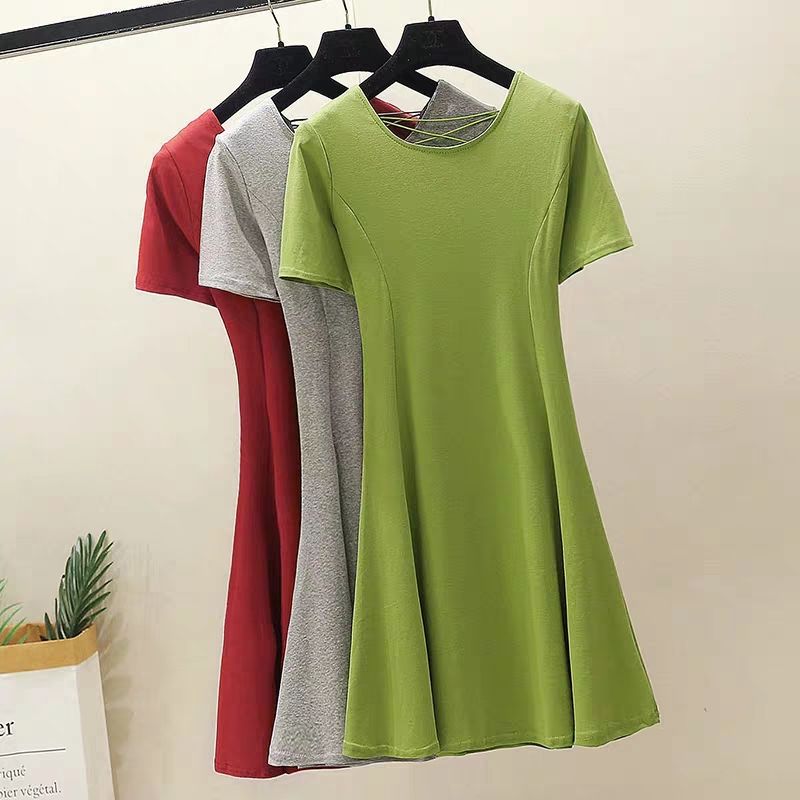 French back cross with Avocado Green short sleeve dress slim solid stretch T-shirt A-line skirt