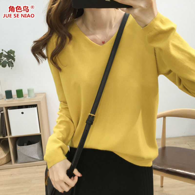 Role bird core spun yarn autumn winter Korean loose V-Neck Sweater women's large size sweater women's bottoming Shirt Long Sleeve Top