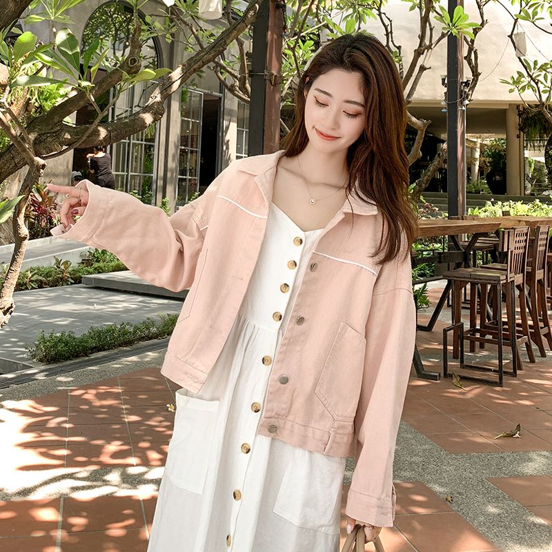 Autumn new pink Denim Jacket Women's clothing 2020 Korean students large size loose long sleeve show thin foreign style top