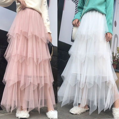 66643/秋冬2019新款中长款很仙的网纱蛋糕裙不规则高腰半身裙女装裙子潮