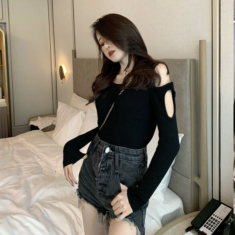Spring and autumn fashion temperament thin black sexy off-shoulder t-shirt ladies long-sleeved tight-fitting lining bottoming shirt summer