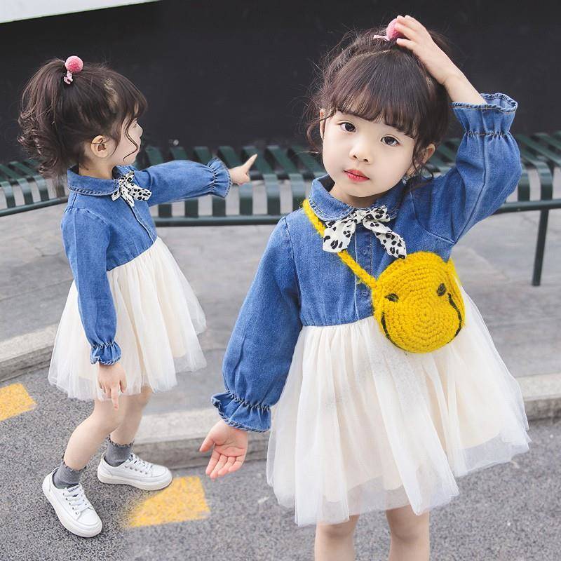 Girls' dress autumn 2019 long sleeve denim mesh skirt Korean casual girl dress princess dress foreign style