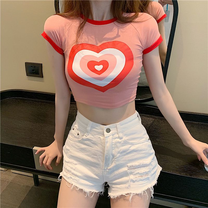 Summer tight-fitting short-sleeved short t-shirt female students pink super hot net red style high waist exposed navel slim top trendy