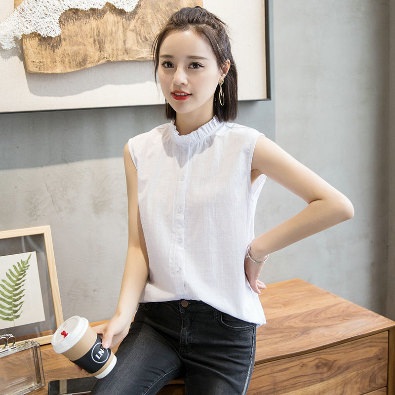 Spring and summer new Korean large size slim sleeveless shirt women's casual business wear white shirt with false collar