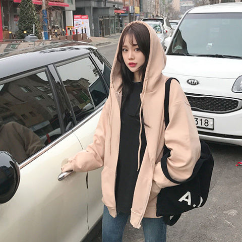 Fat mm large coat female Korean loose student sweater thickened new loose hooded zipper Plush cardigan female