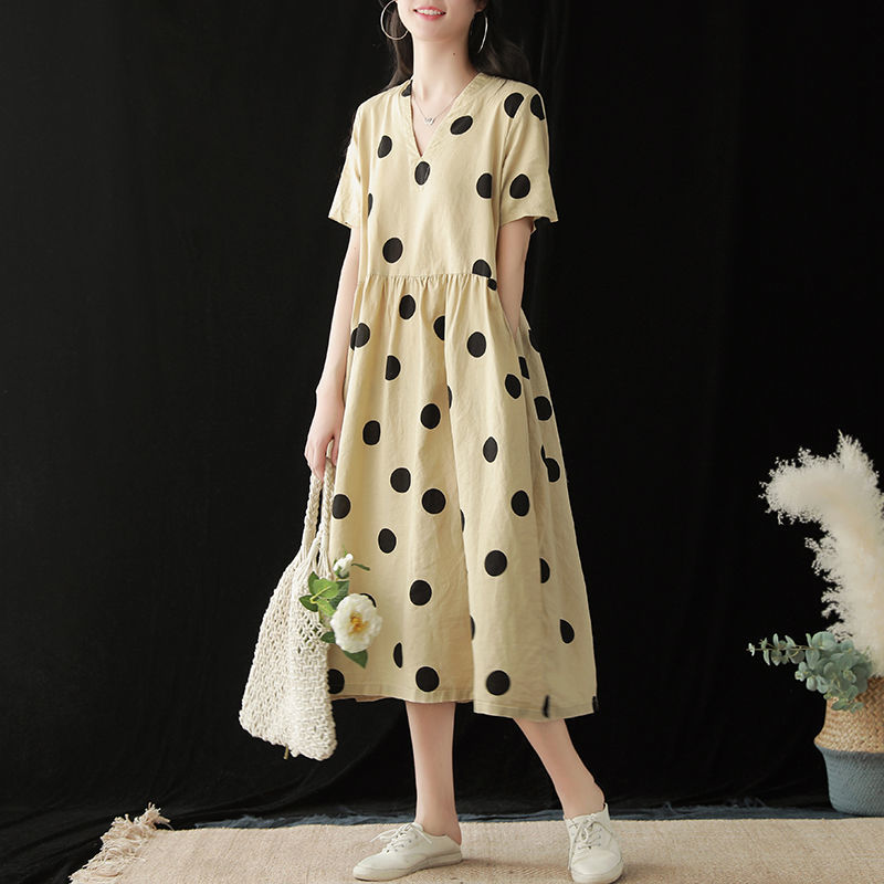 Large women's cotton and hemp Polka point V-neck dress in summer