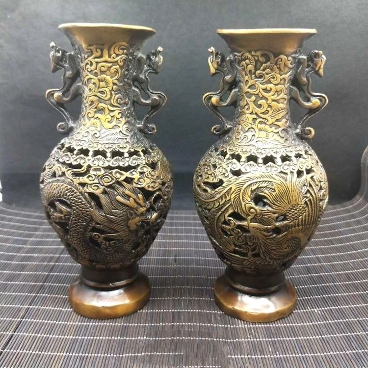 擎天阁古玩杂项收藏纯铜花瓶镂空花瓶龙凤花瓶摆件花瓶 虎窝拼