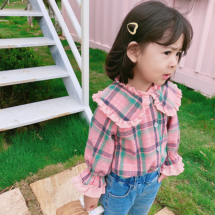 2020 autumn new girls' trumpet sleeve long sleeve top children's Lapel foreign style Princess Plaid Shirt