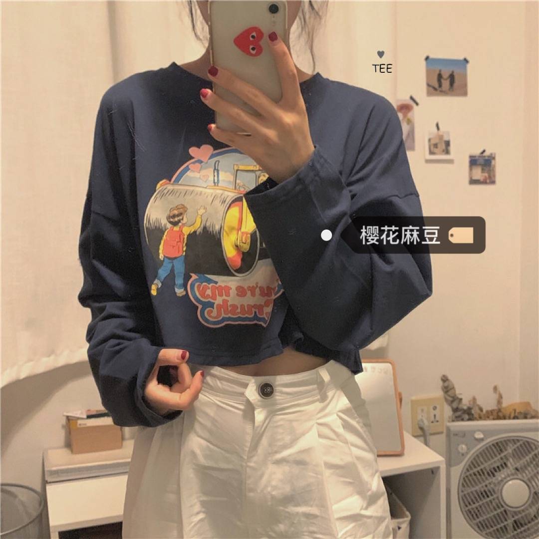 Hanfeng chic girl cute pattern short sleeve schoolgirl top printed lazy style loose long sleeve short T-shirt